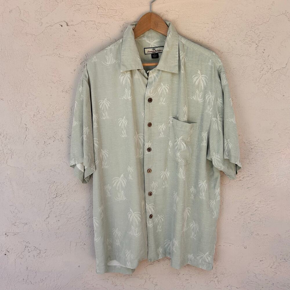 Tommy Bahama Mint Green Silk Palm Tree Hawaiian Camp Shirt Large